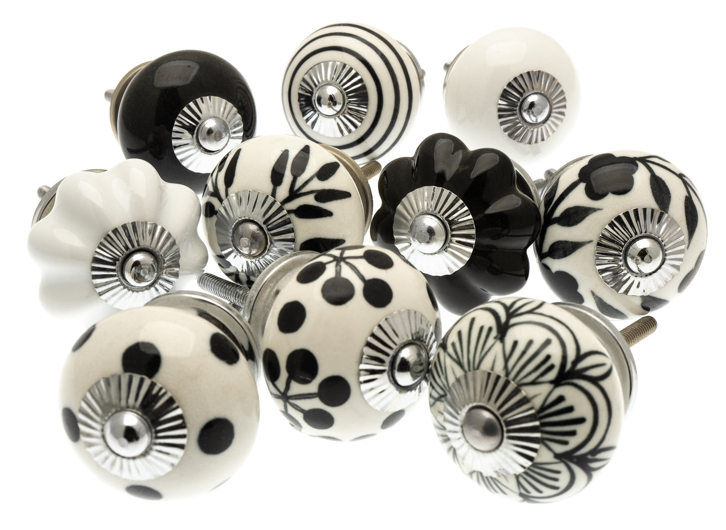 Bouton de porte en céramique classique peint à la main en noir et blanc et blanc cassé, ensemble de 10