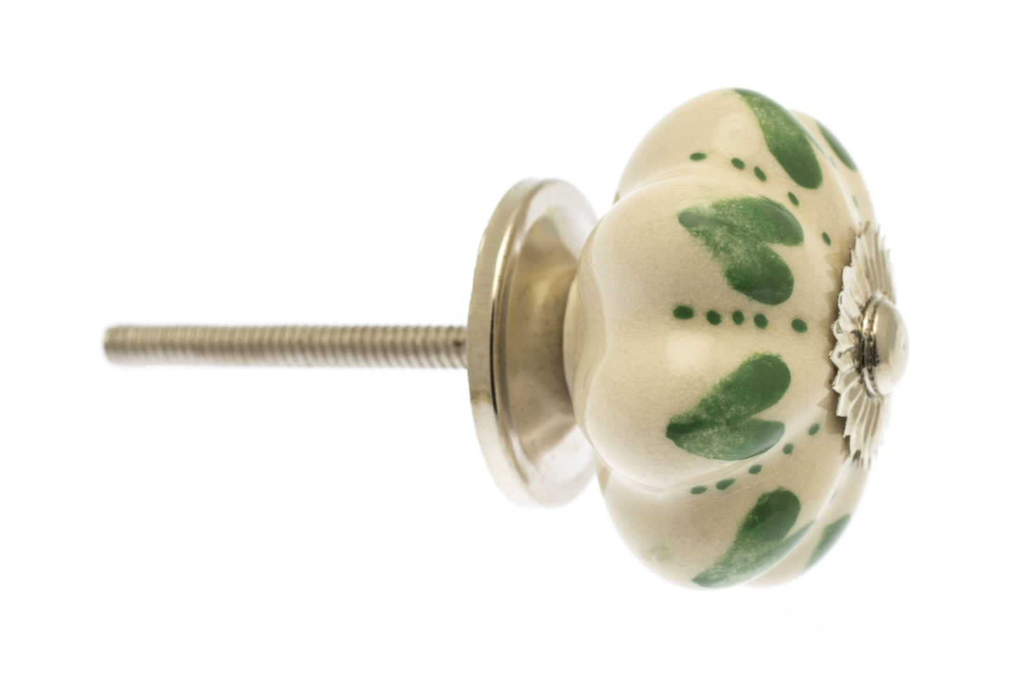 Ceramic Cupboard Knob Green Hearts and Dots on Ivory