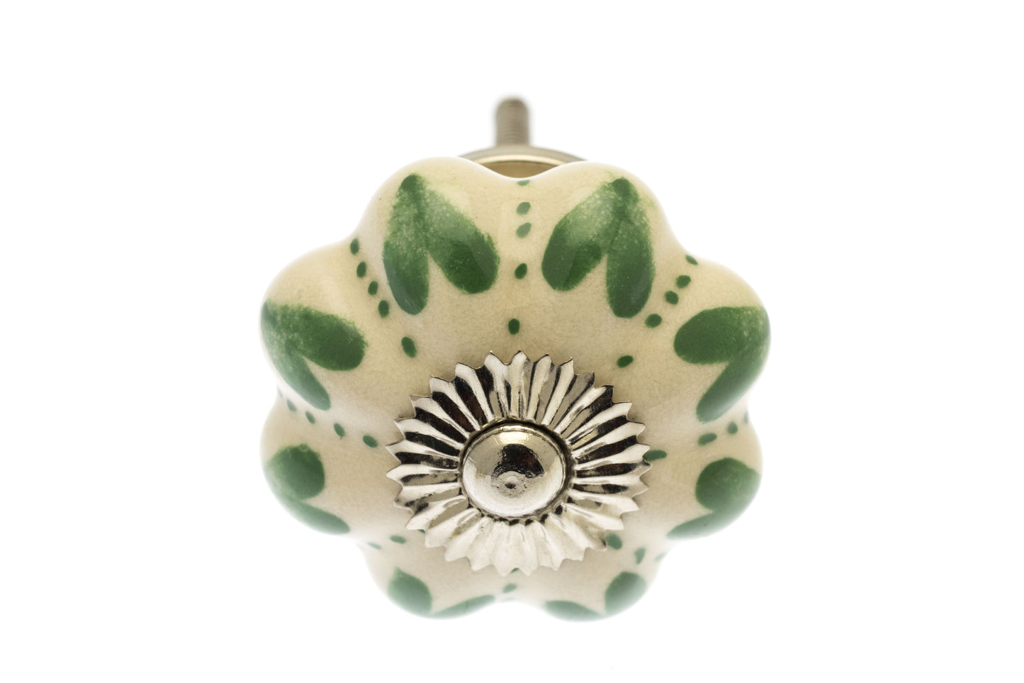 Ceramic Cupboard Knob Green Hearts and Dots on Ivory