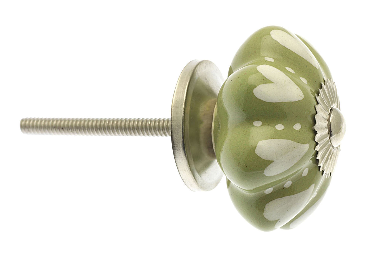 Ceramic Cupboard Knob Ivory Hearts and Dots on Olive Green