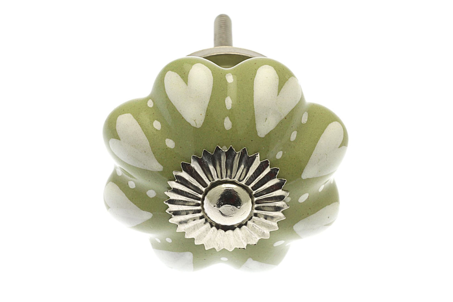 Ceramic Cupboard Knob Ivory Hearts and Dots on Olive Green