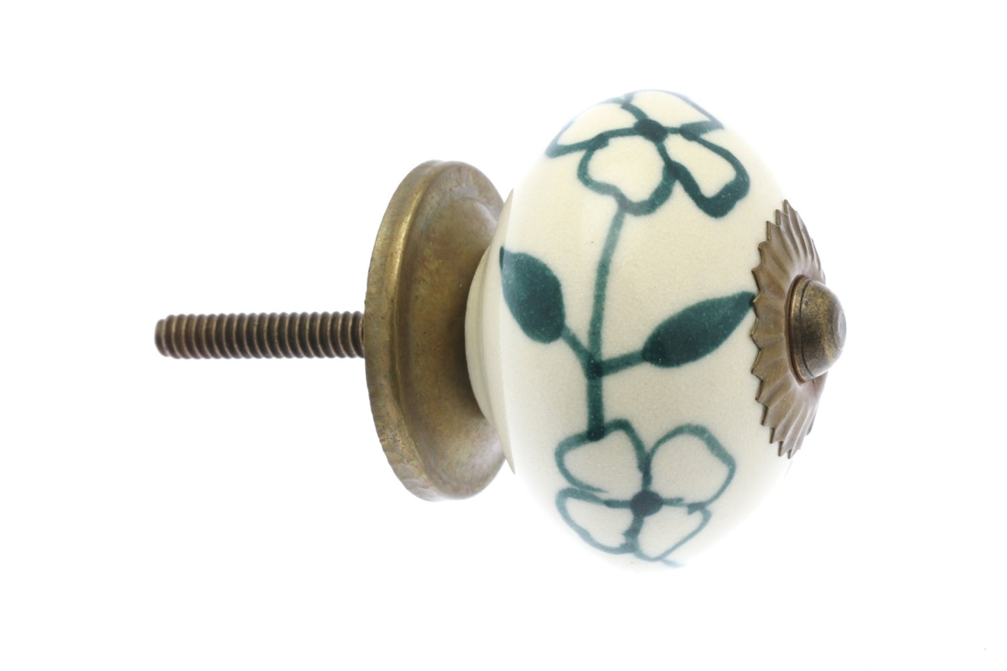 Ceramic Cupboard Knob Dark Green Floral Garland on Ivory