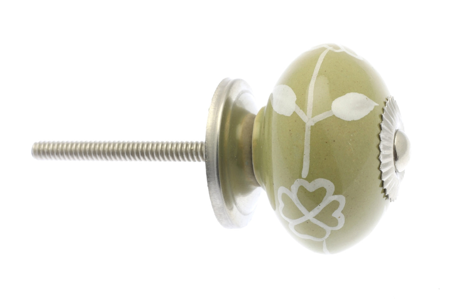 Ceramic Cupboard Knob White Floral Garland on Olive Green