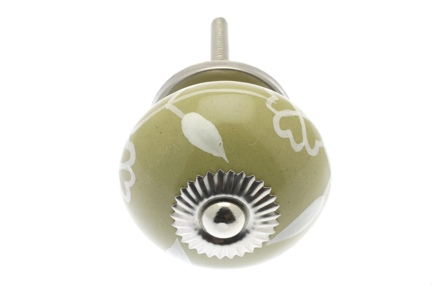 Ceramic Cupboard Knob White Floral Garland on Olive Green