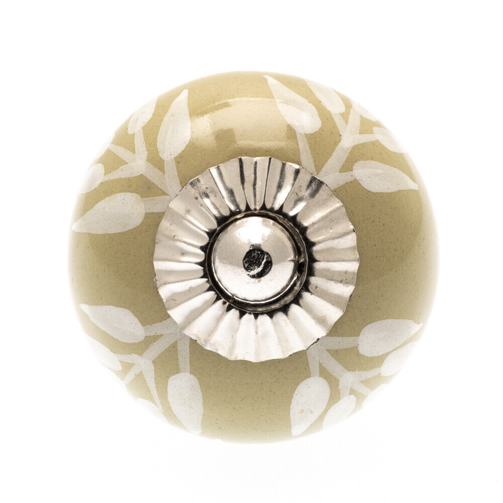 Ceramic Cupboard Knob White Floral Garland on Olive Green