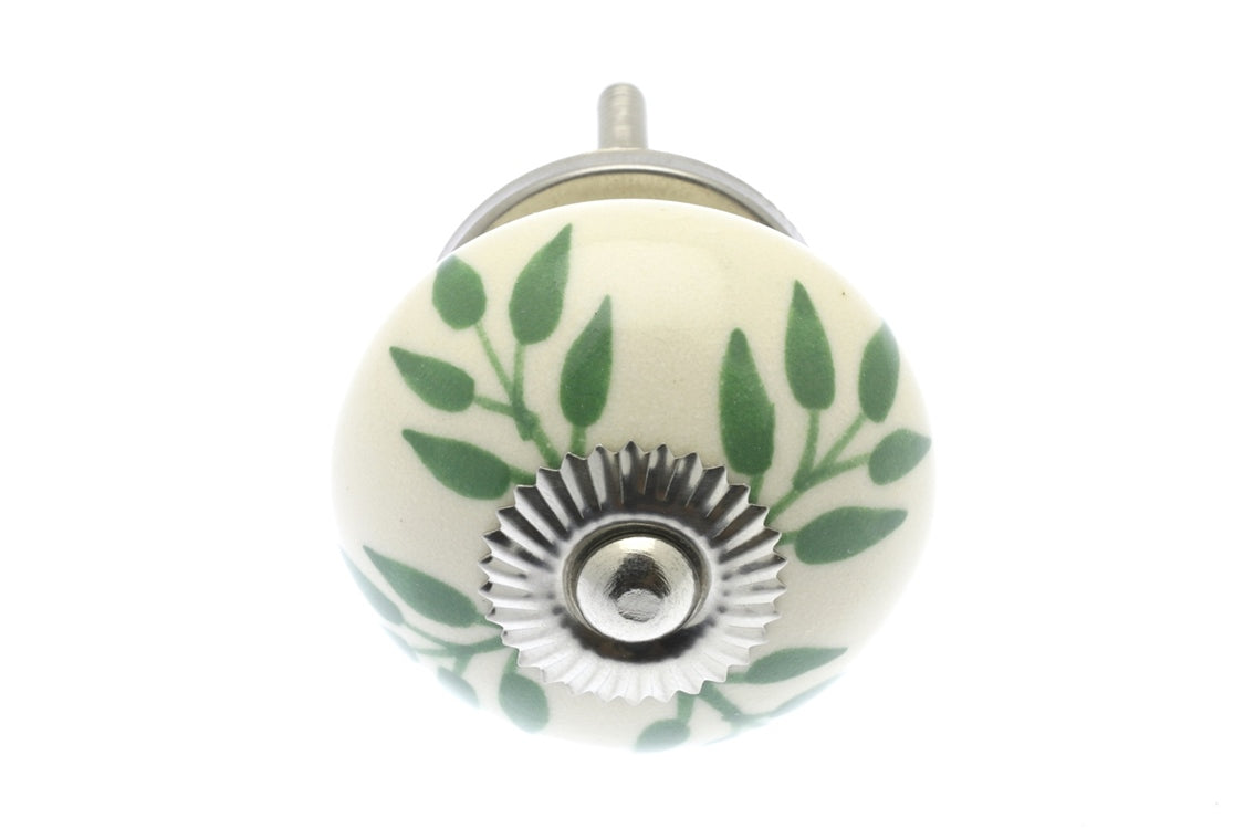 Ceramic Cupboard Knob Green Trailing Vine Leaves on Ivory