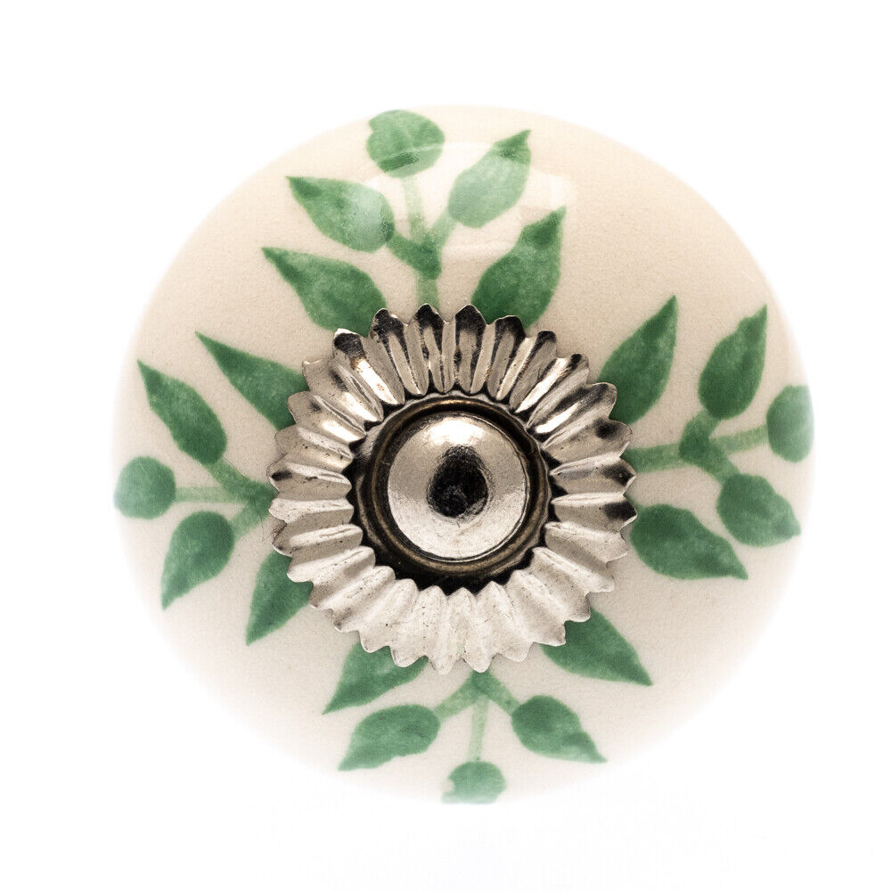 Ceramic Cupboard Knob Green Trailing Vine Leaves on Ivory