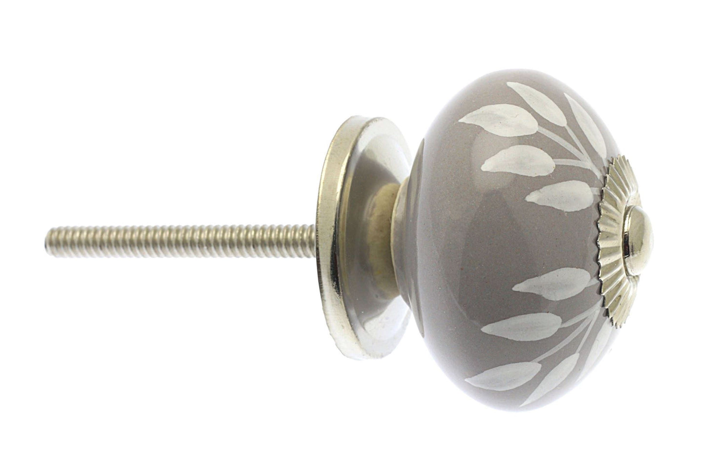 Ceramic Cupboard Knob White Trailing Leaves on Grey