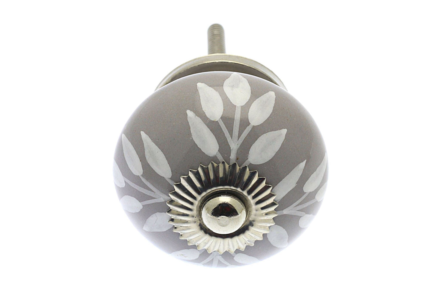 Ceramic Cupboard Knob White Trailing Leaves on Grey