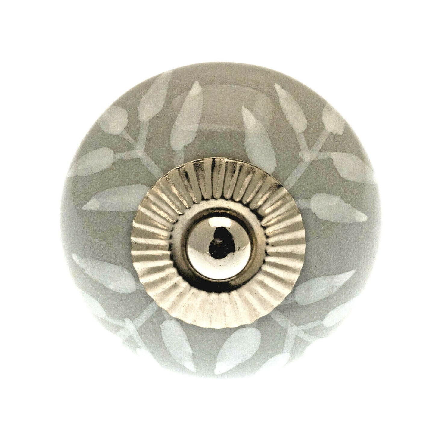 Ceramic Cupboard Knob White Trailing Leaves on Grey