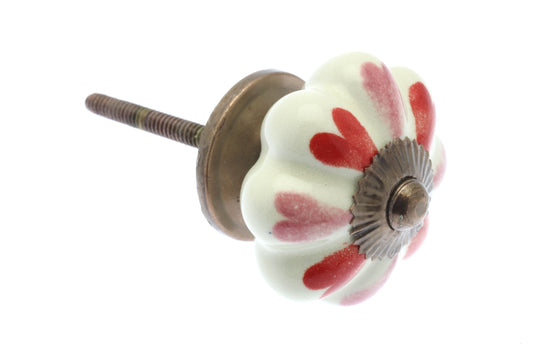 Ceramic Cupboard Knob Red and Pink Hearts on Ivory