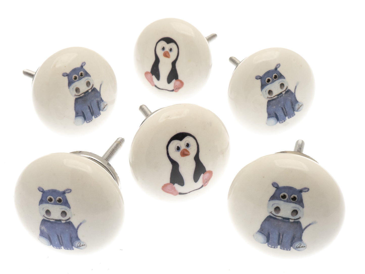 Boutons de porte de placard en céramique « Animal Nursery » Personnages Pingouin et Hippopotame (Lot de 6)