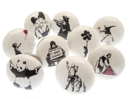 'Banksy' Ceramic Cupboard Door Knobs 'Banksy' artwork Various Characters (Set of 9)