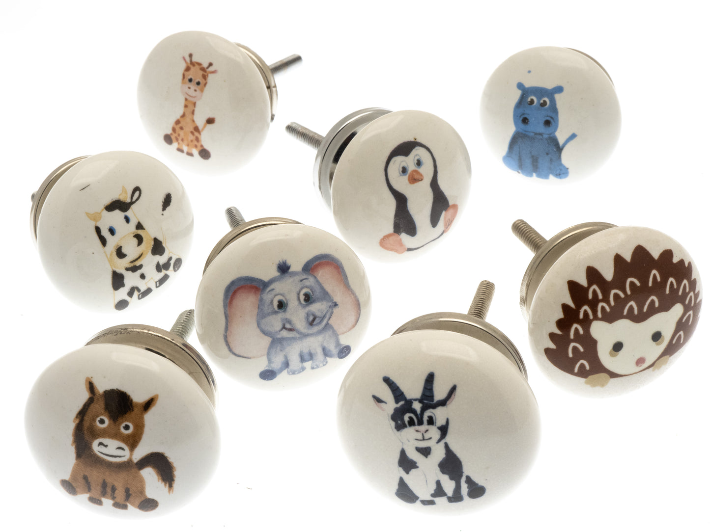 Boutons de porte de placard en céramique « Animal Nursery » Divers personnages (lot de 8)