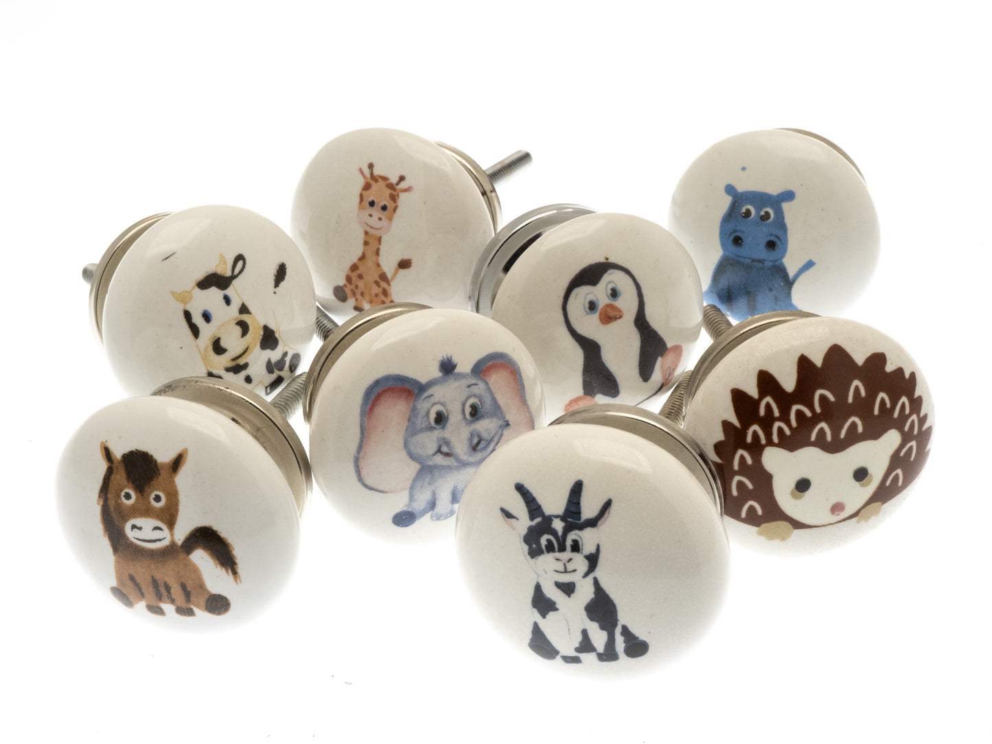 Boutons de porte de placard en céramique « Animal Nursery » Divers personnages (lot de 8)