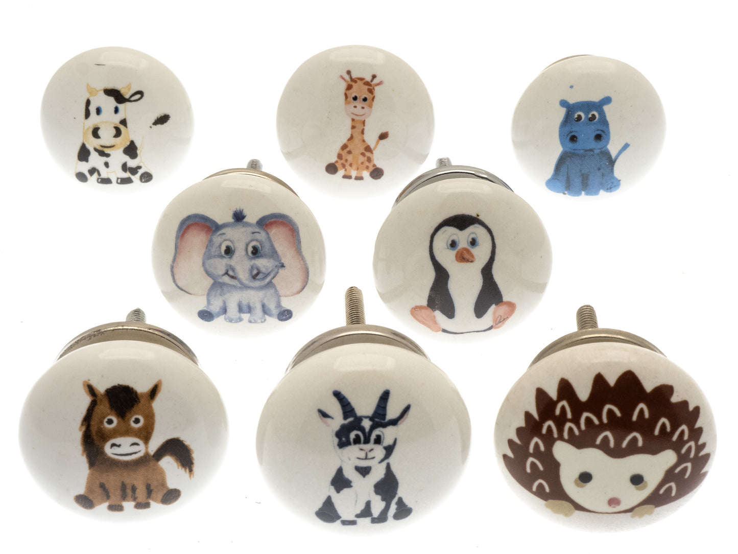 Boutons de porte de placard en céramique « Animal Nursery » Divers personnages (lot de 8)