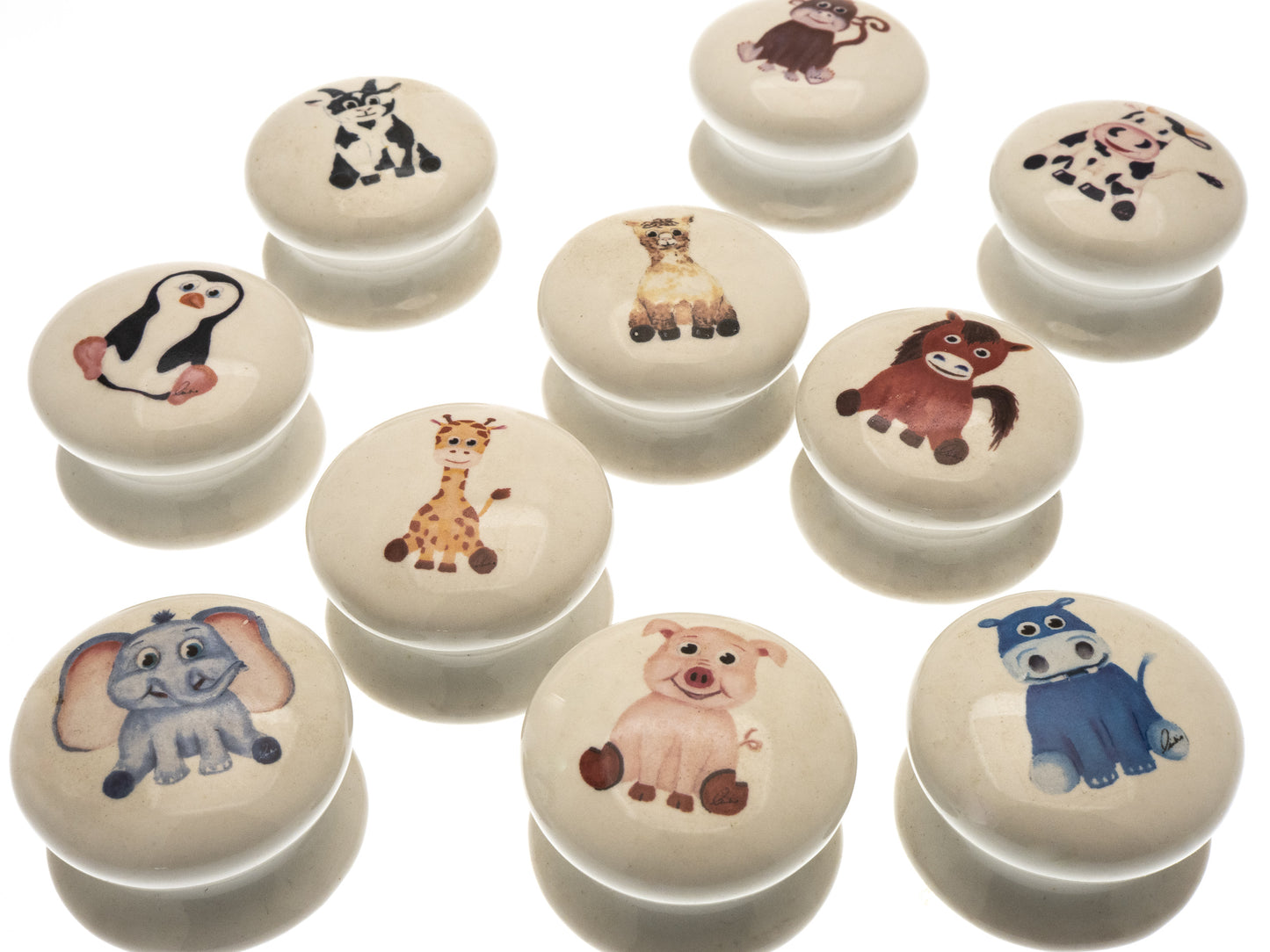 Ceramic Cupboard Door Knobs 40mm 'Animal Nursery' (Set of 10) EOL-03