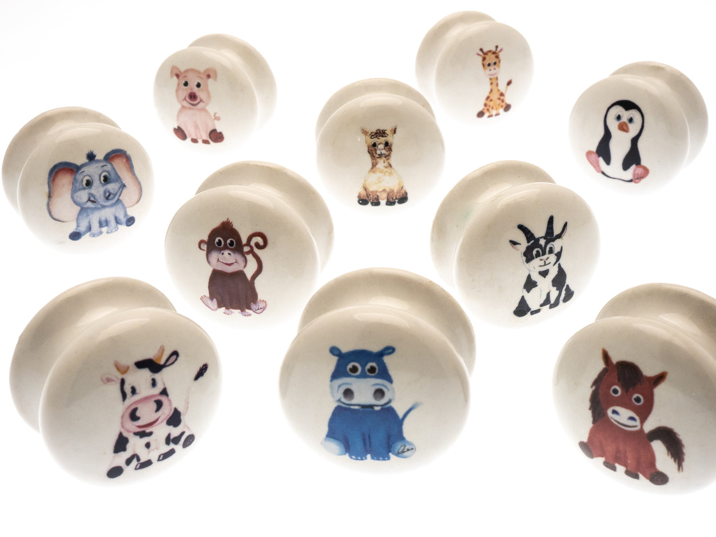 Ceramic Cupboard Door Knobs 40mm 'Animal Nursery' (Set of 10) EOL-03