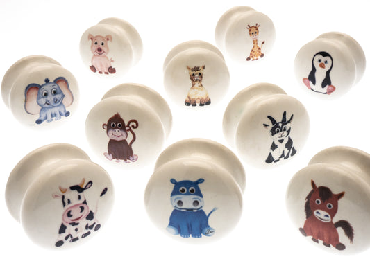 Ceramic Cupboard Door Knobs 40mm 'Animal Nursery' (Set of 10) EOL-03