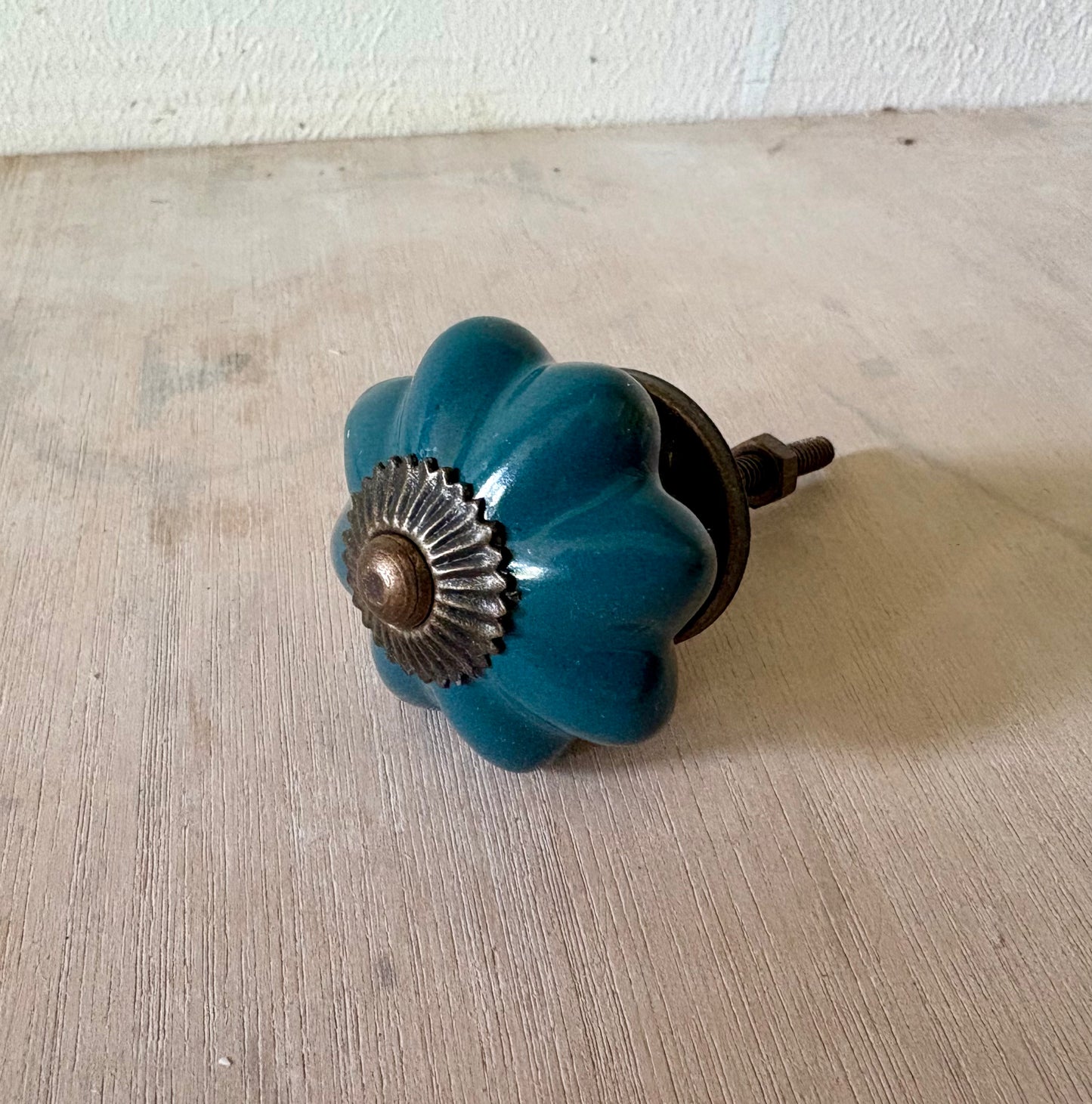 Flower Ceramic Knob Teal Green Antique Brass Cap and Base 41mm (Copy)