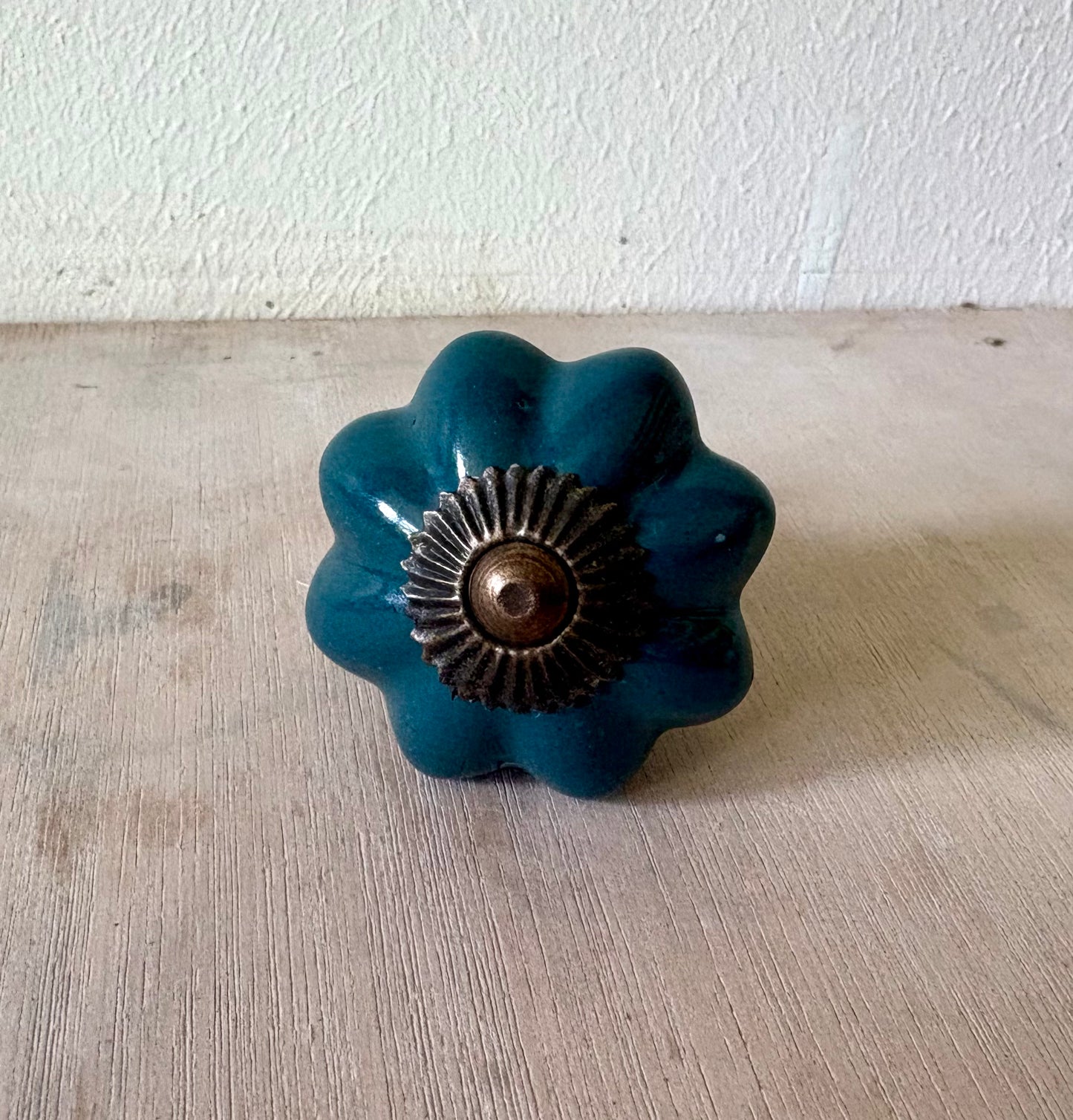 Flower Ceramic Knob Teal Green Antique Brass Cap and Base 41mm (Copy)