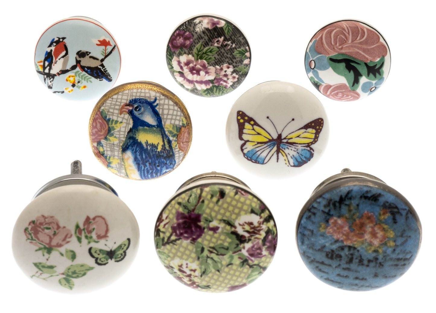 Vintage Style Floral and Bird Ceramic Cupboard Door Knobs - Set of 8