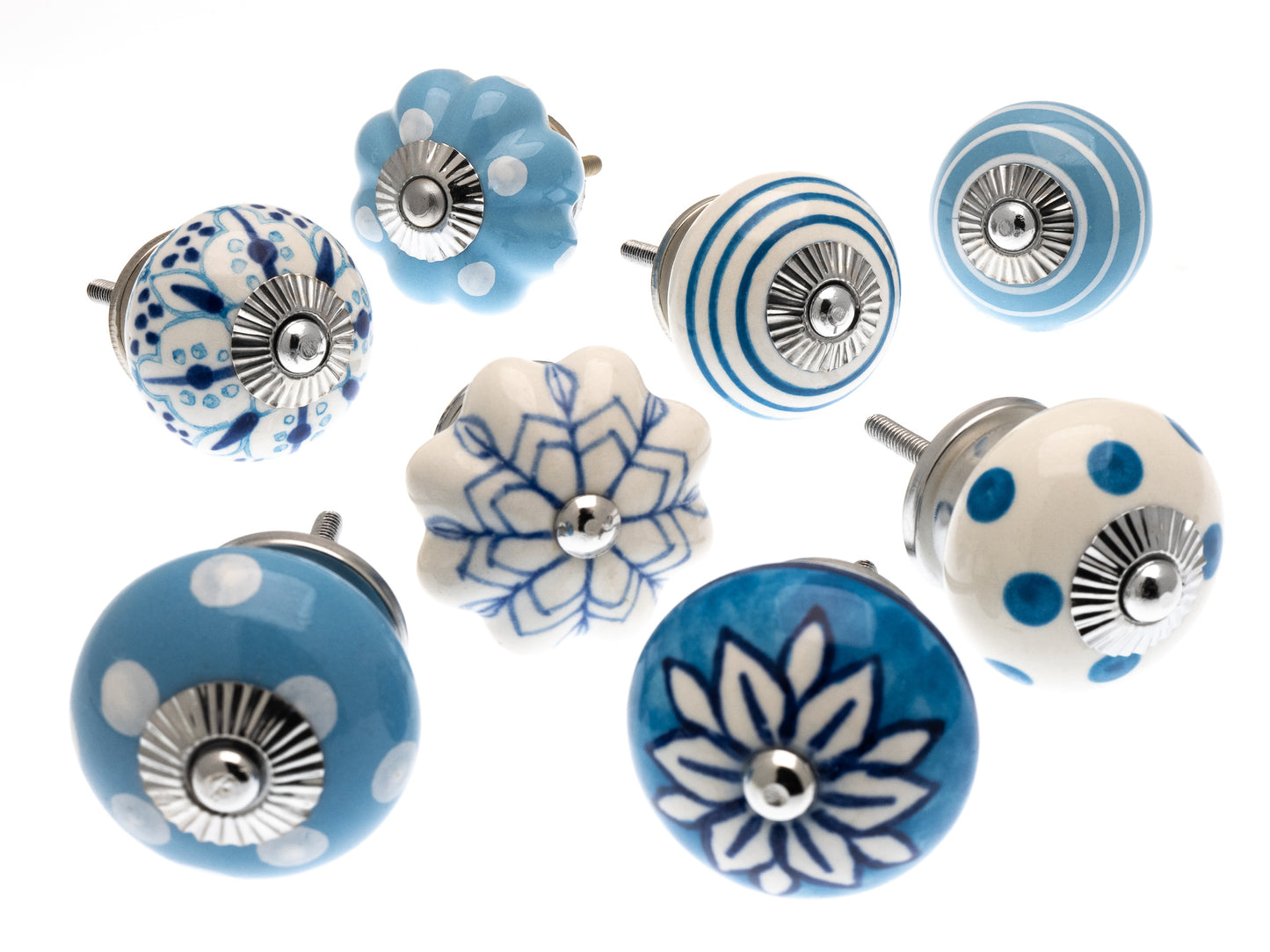 Ceramic Door Knobs in Pale Blue with Round and Flower Shape Designs  (Set of 8)