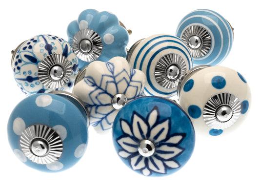 Ceramic Door Knobs in Pale Blue with Round and Flower Shape Designs  (Set of 8)