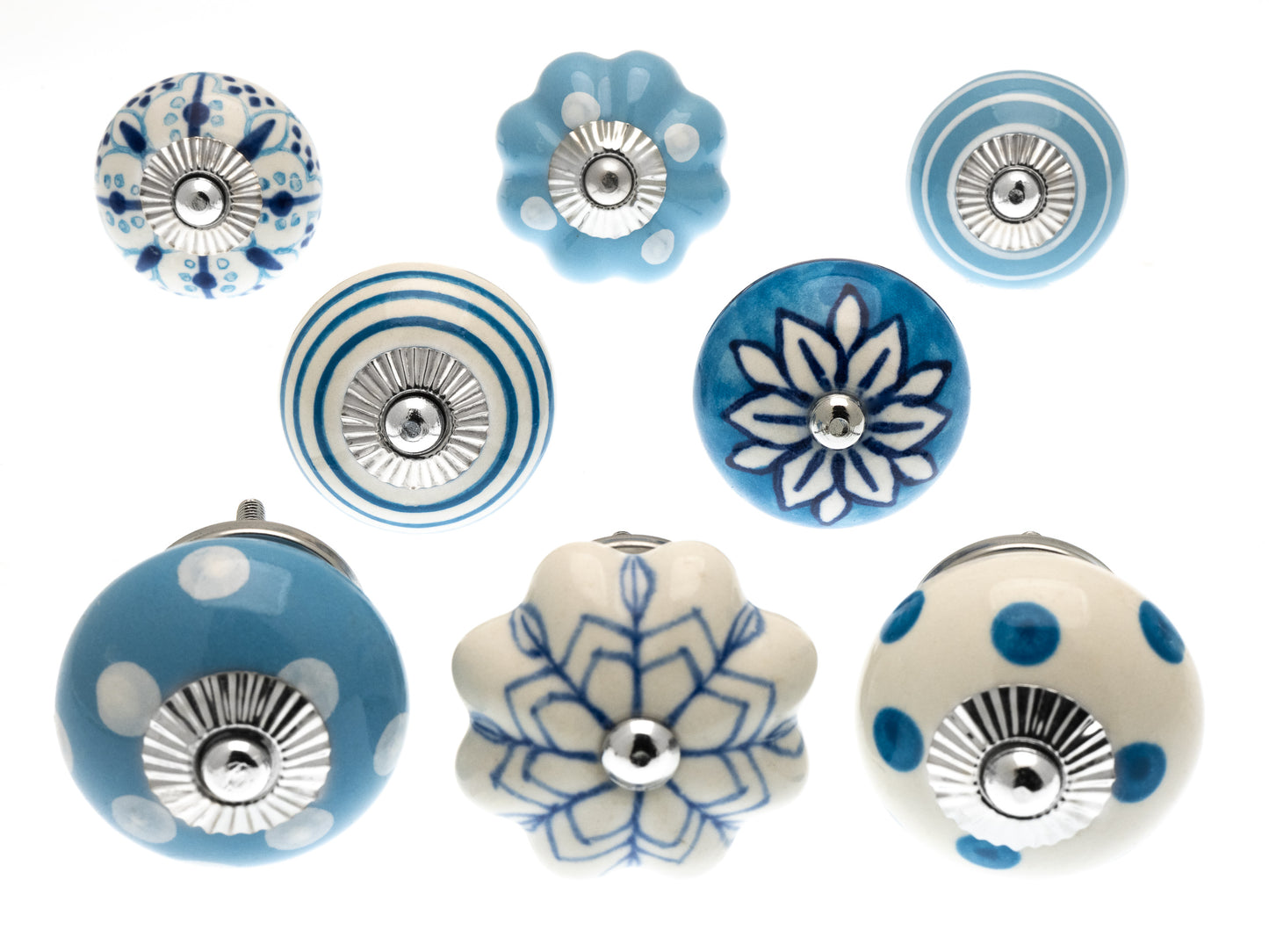 Ceramic Door Knobs in Pale Blue with Round and Flower Shape Designs  (Set of 8)