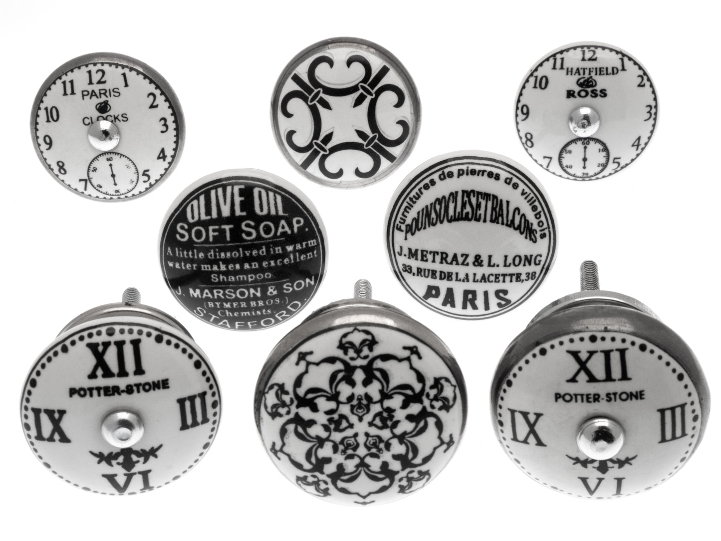 Ceramic Door Knobs - Timeless Elegance Monochrome Set of 8