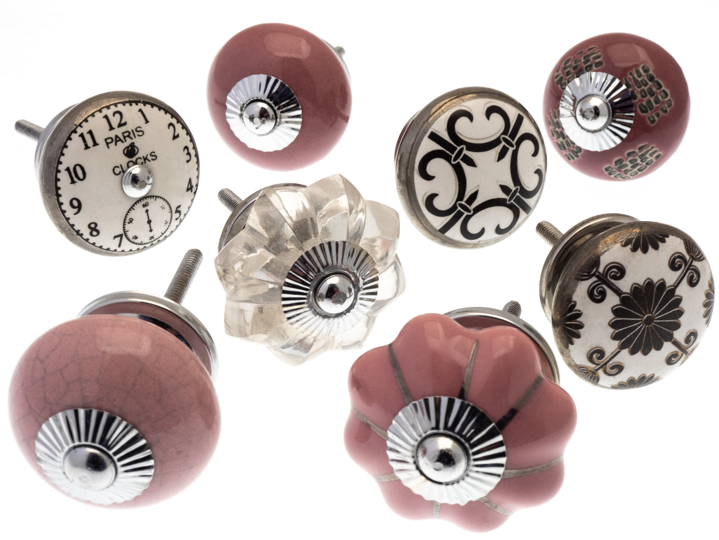 Boutons de porte en céramique peints à la main, formes de fleurs de style vintage et verre rose, ensemble de 8