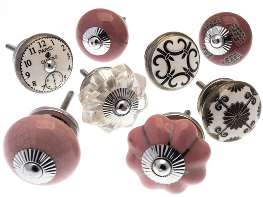 Ceramic Hand painted Door Knobs Vintage Style Flower Shapes and Pink Glass Set of 8