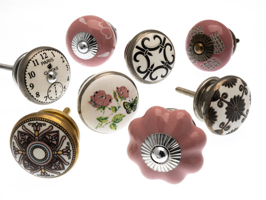 Ceramic Hand painted Door Knobs Vintage Style Flower Shapes and Pink Glass Set of 8
