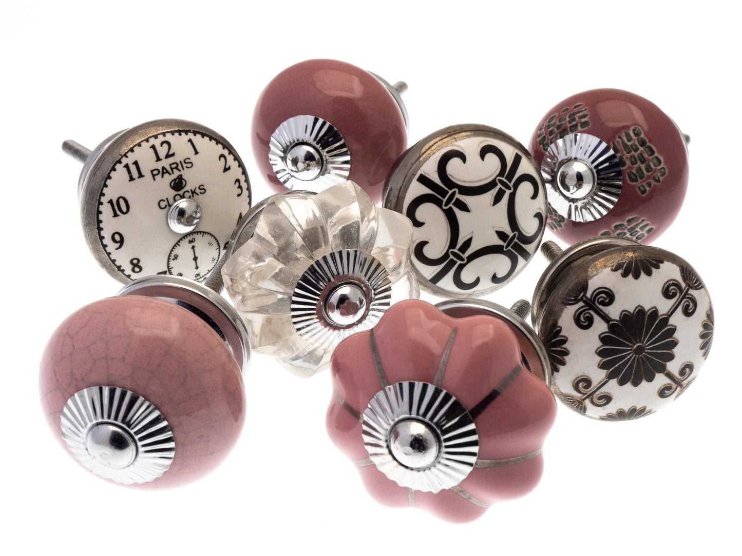 Boutons de porte en céramique peints à la main, formes de fleurs de style vintage et verre rose, ensemble de 8