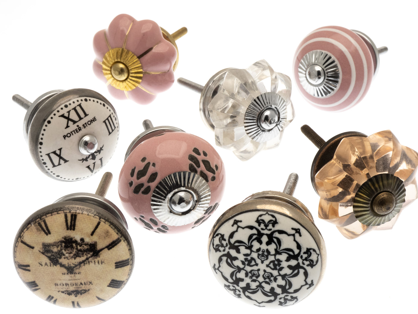 Ceramic Hand painted Door Knobs Vintage Style Flower Shapes and Pink Glass Set of 8