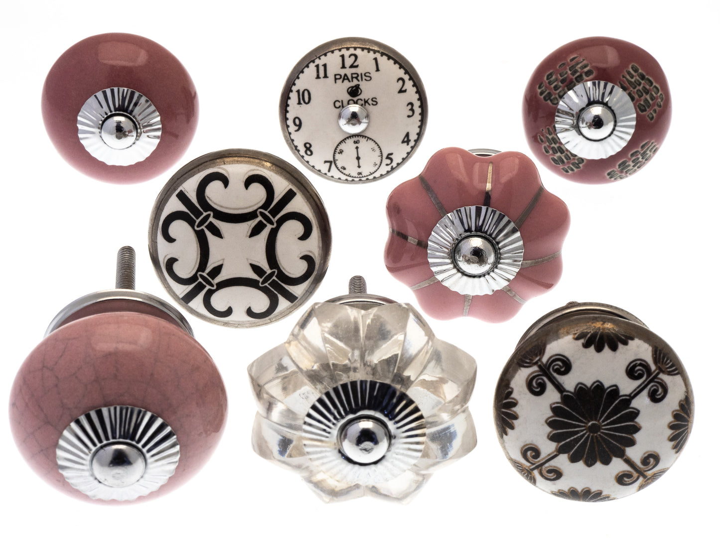 Boutons de porte en céramique peints à la main, formes de fleurs de style vintage et verre rose, ensemble de 8