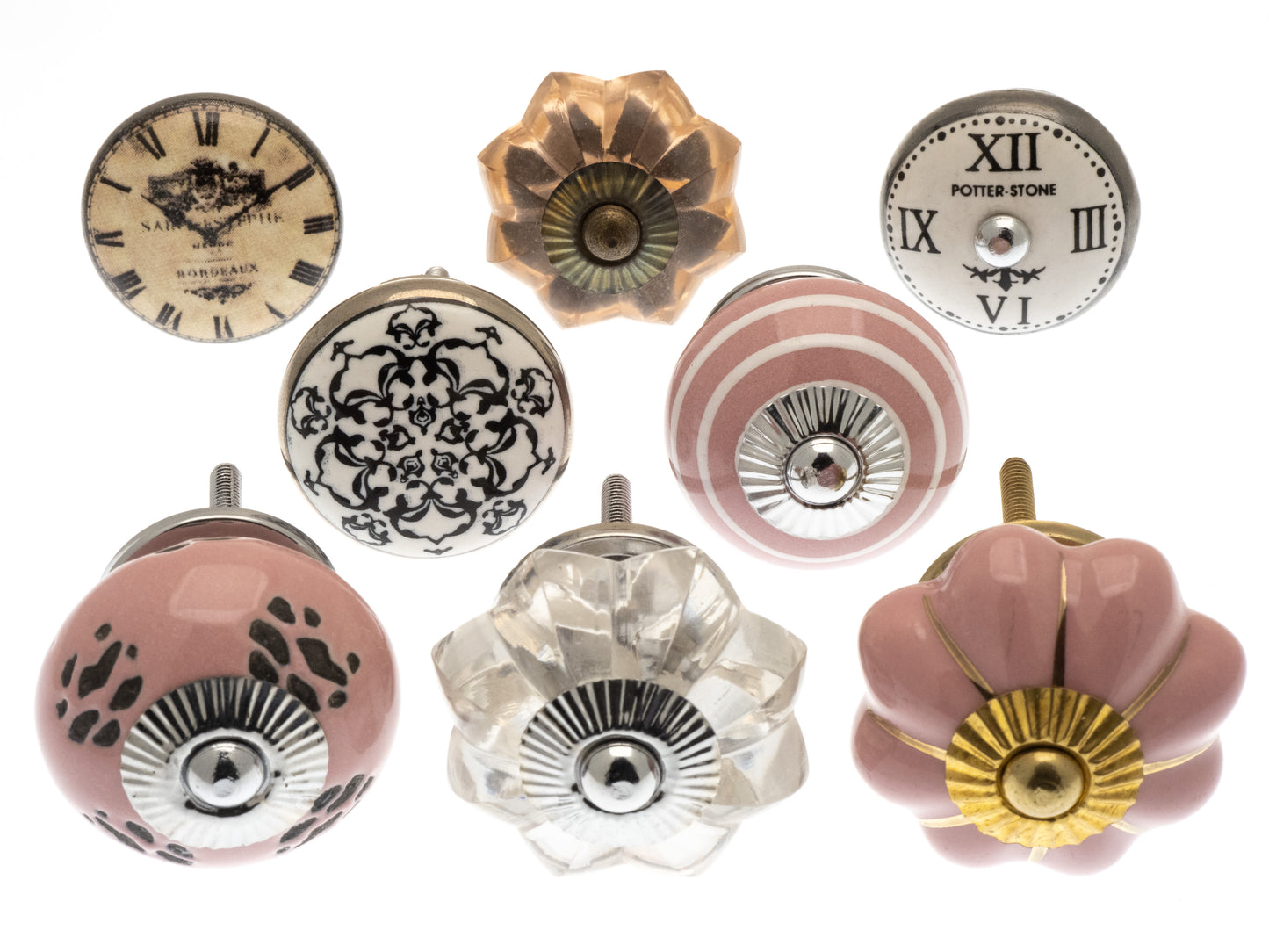 Ceramic Hand painted Door Knobs Vintage Style Flower Shapes and Pink Glass Set of 8