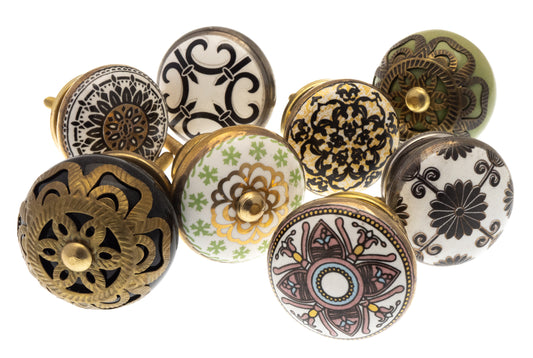 Ceramic Door Knobs in Vintage Mosaic Styles (Set of 8)
