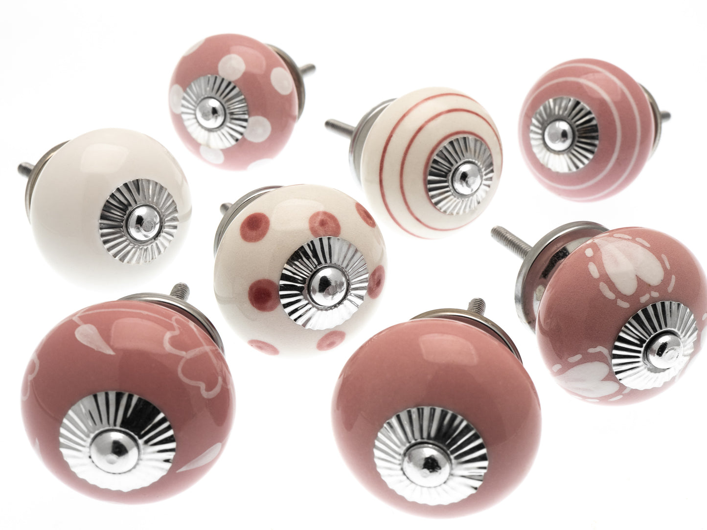 Ceramic Cupboard Knobs in Pink and White Designs with Silver Fittings