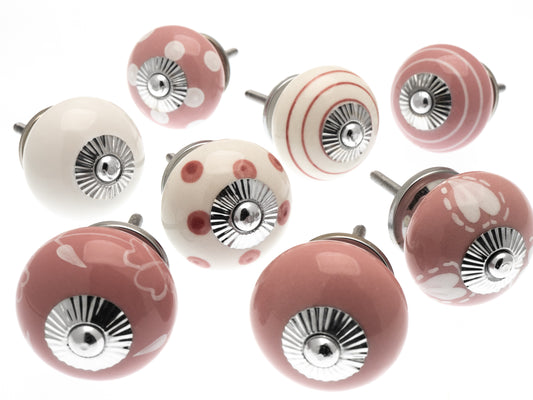 Ceramic Cupboard Knobs in Pink and White Designs with Silver Fittings