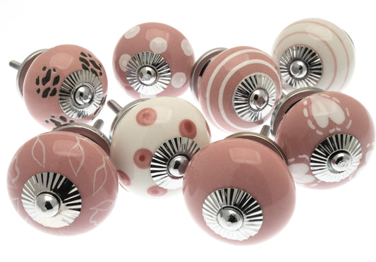 Ceramic Cupboard Knobs in Pink and White Designs with Silver Fittings