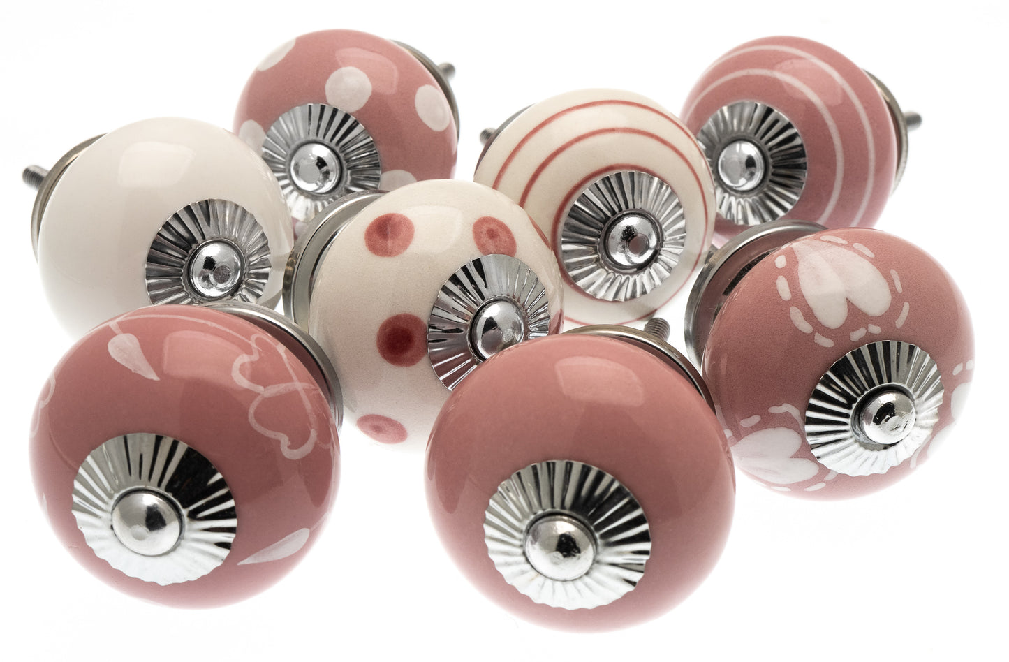 Ceramic Cupboard Knobs in Pink and White Designs with Silver Fittings