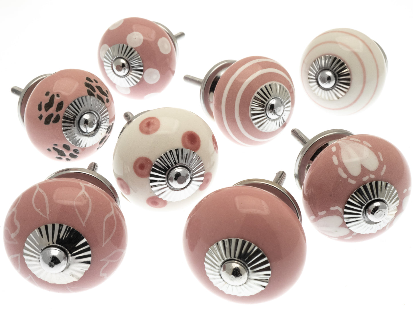 Ceramic Cupboard Knobs in Pink and White Designs with Silver Fittings
