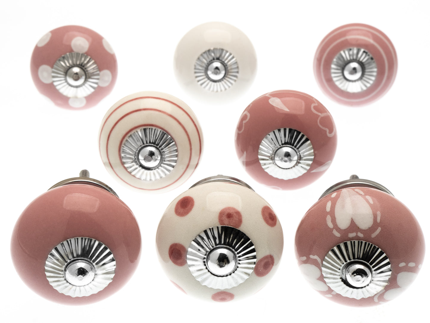 Ceramic Cupboard Knobs in Pink and White Designs with Silver Fittings