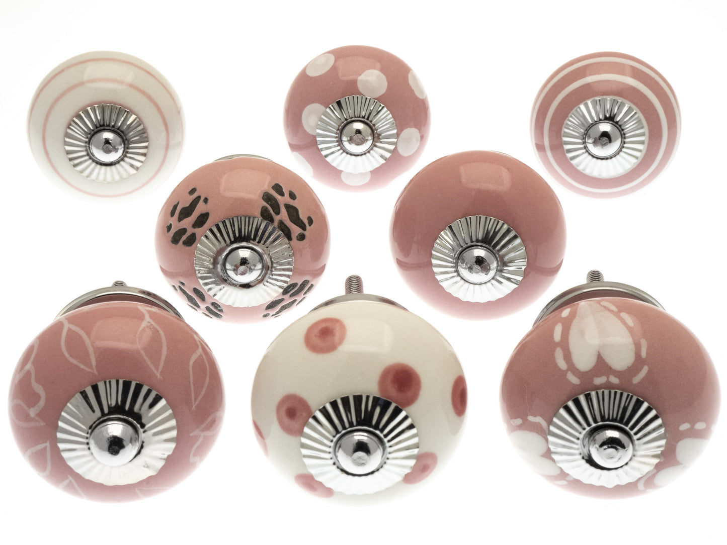 Ceramic Cupboard Knobs in Pink and White Designs with Silver Fittings