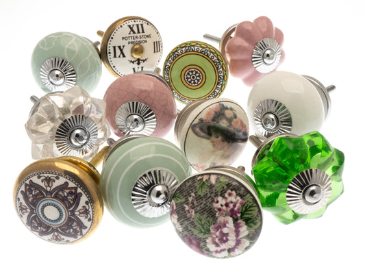 Boutons de porte en céramique vintage et boutons en verre Old Stye Ensemble de 12