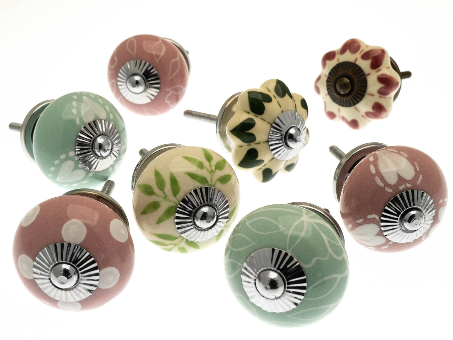 Ceramic Door Knobs Hand Painted in Pastel Pinks and Greens (Set of 8)
