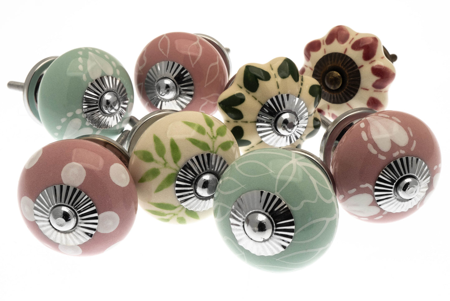 Ceramic Door Knobs Hand Painted in Pastel Pinks and Greens (Set of 8)