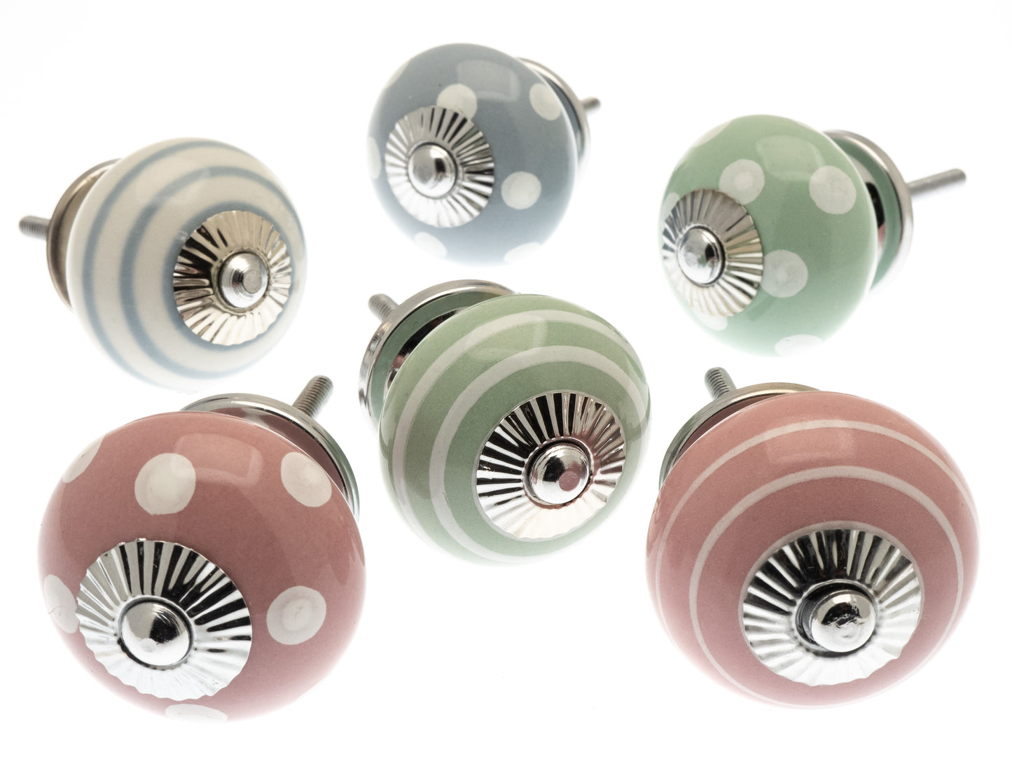 Ceramic Door Knobs Cottage Pastel Spots & Stripes Set of 6