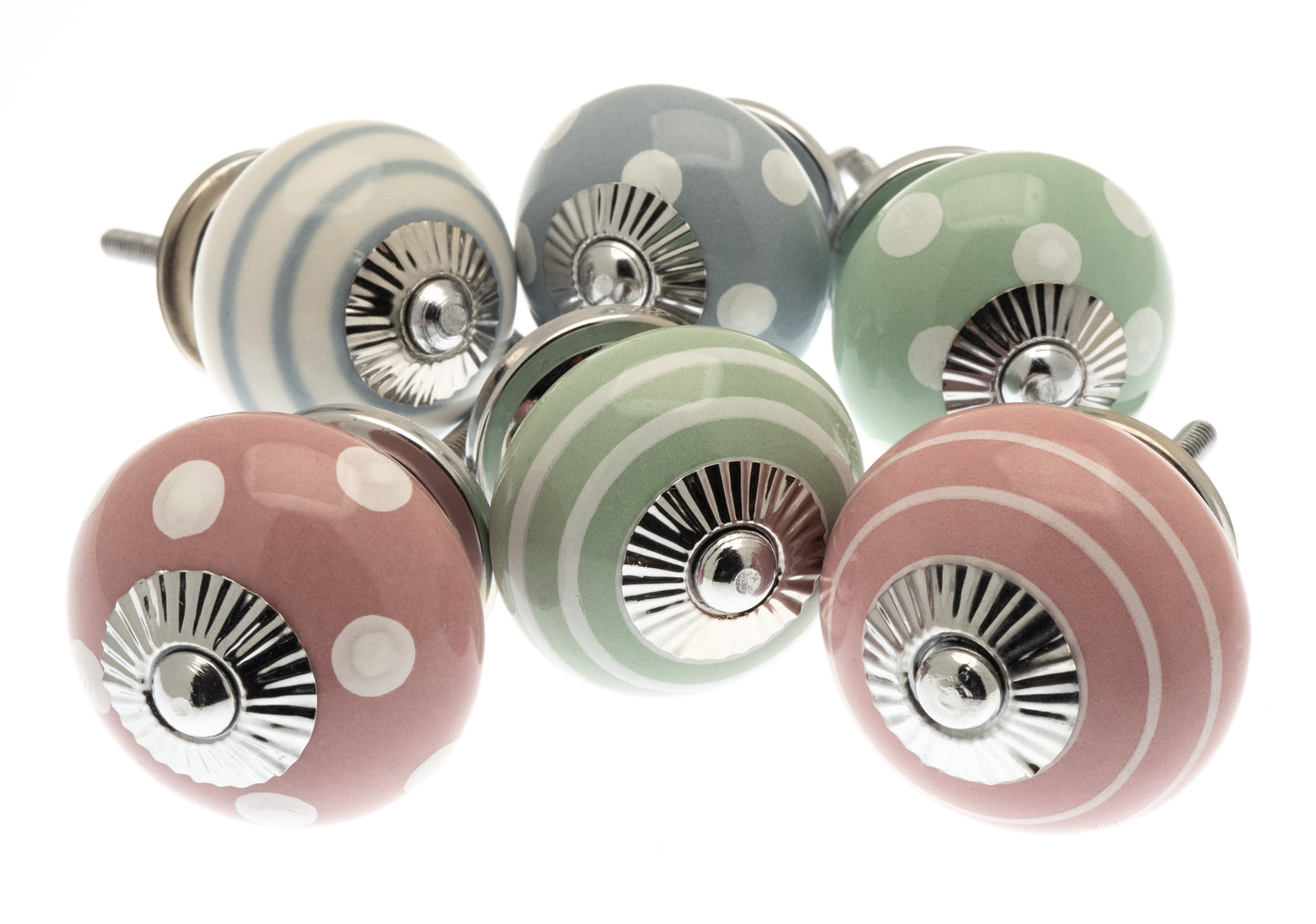 Ceramic Door Knobs Cottage Pastel Spots & Stripes Set of 6